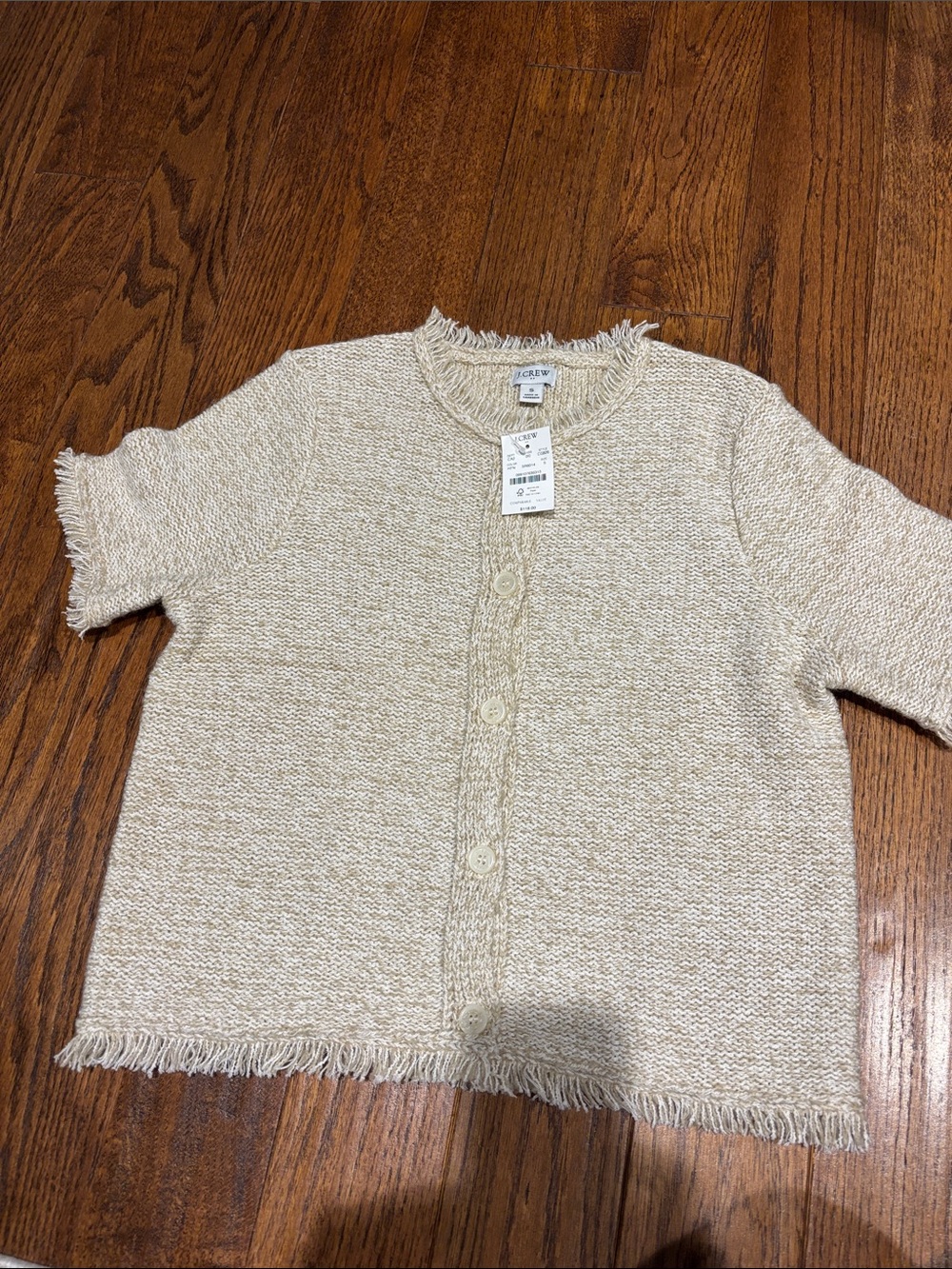 J. Crew Cream Short-Sleeve Fringed Button Cardigan